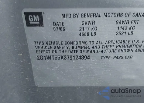 2007 Chevrolet Impala Lt из США, поврежденный, VIN 2G1WT55K379124894